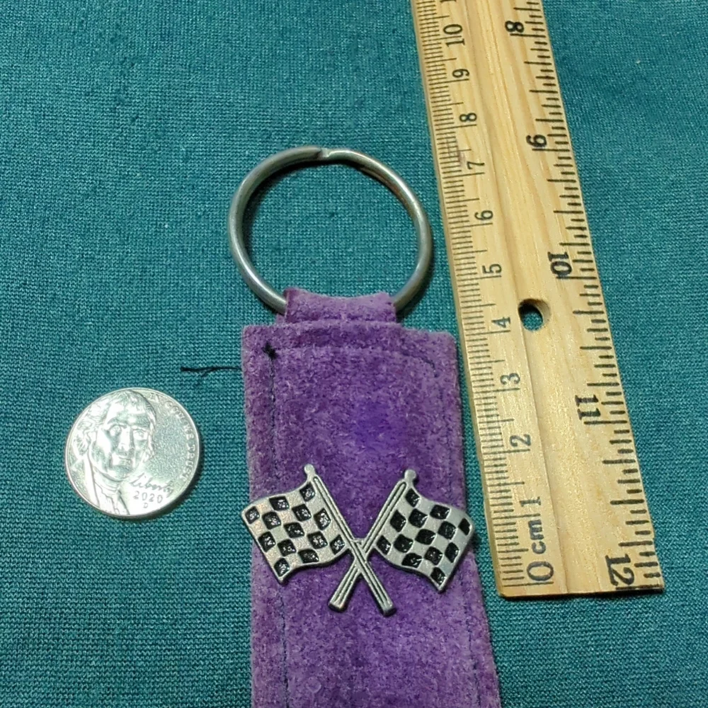 Vintage Long Purple Fringe Suede Leather Key Ring RACING 🏁 Flags Emblem 13